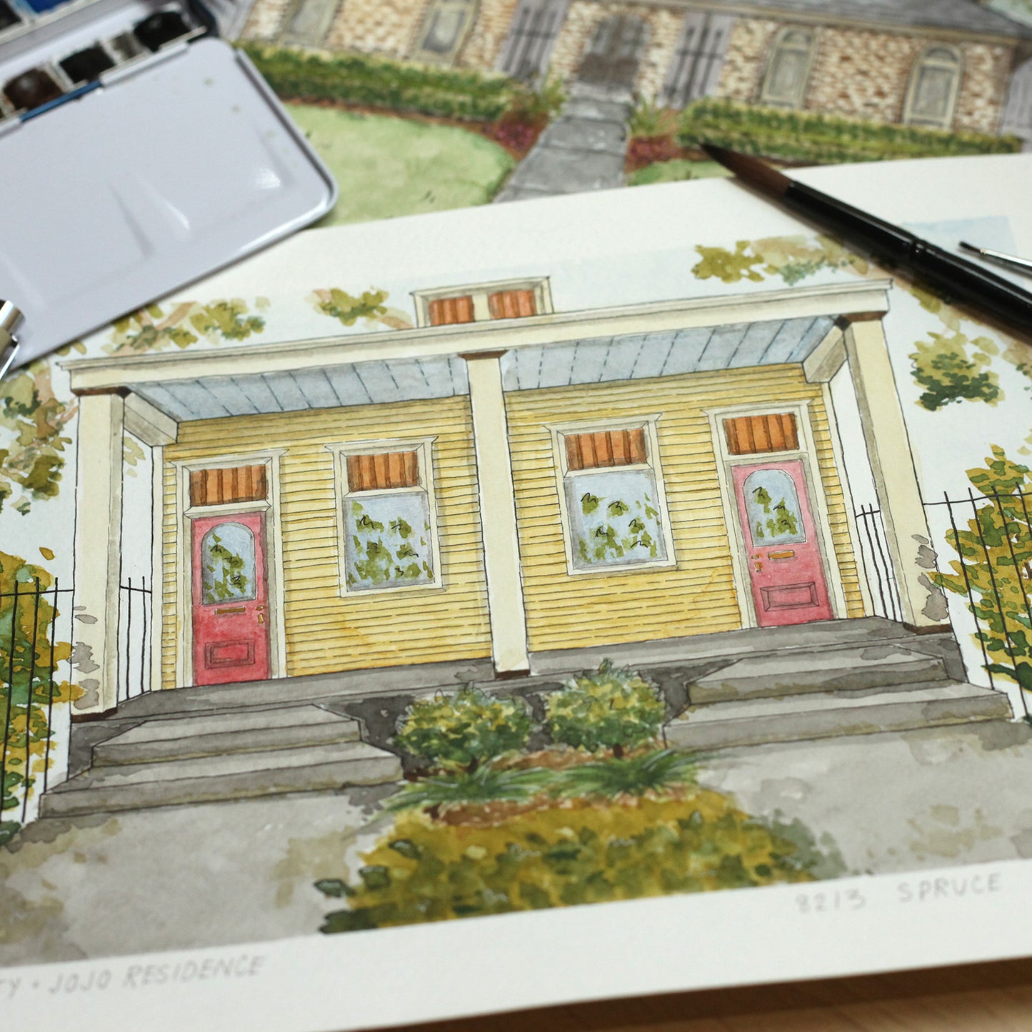 A watercolor painting of a house painted by yat cat