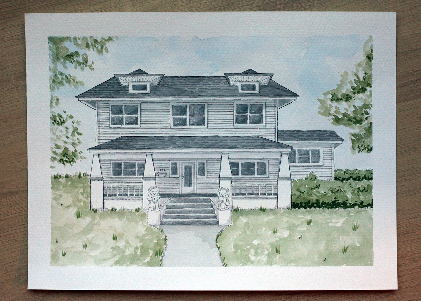 a watercolor house portrait painted by Yat Cat