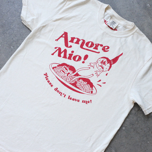 Graphic tee shirt with a red spaghetti and meatball design that reads "Amore mio, please don't leave me" on it