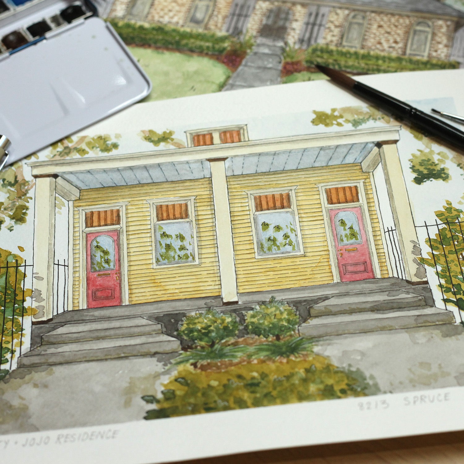 A watercolor painting of a house painted by yat cat 