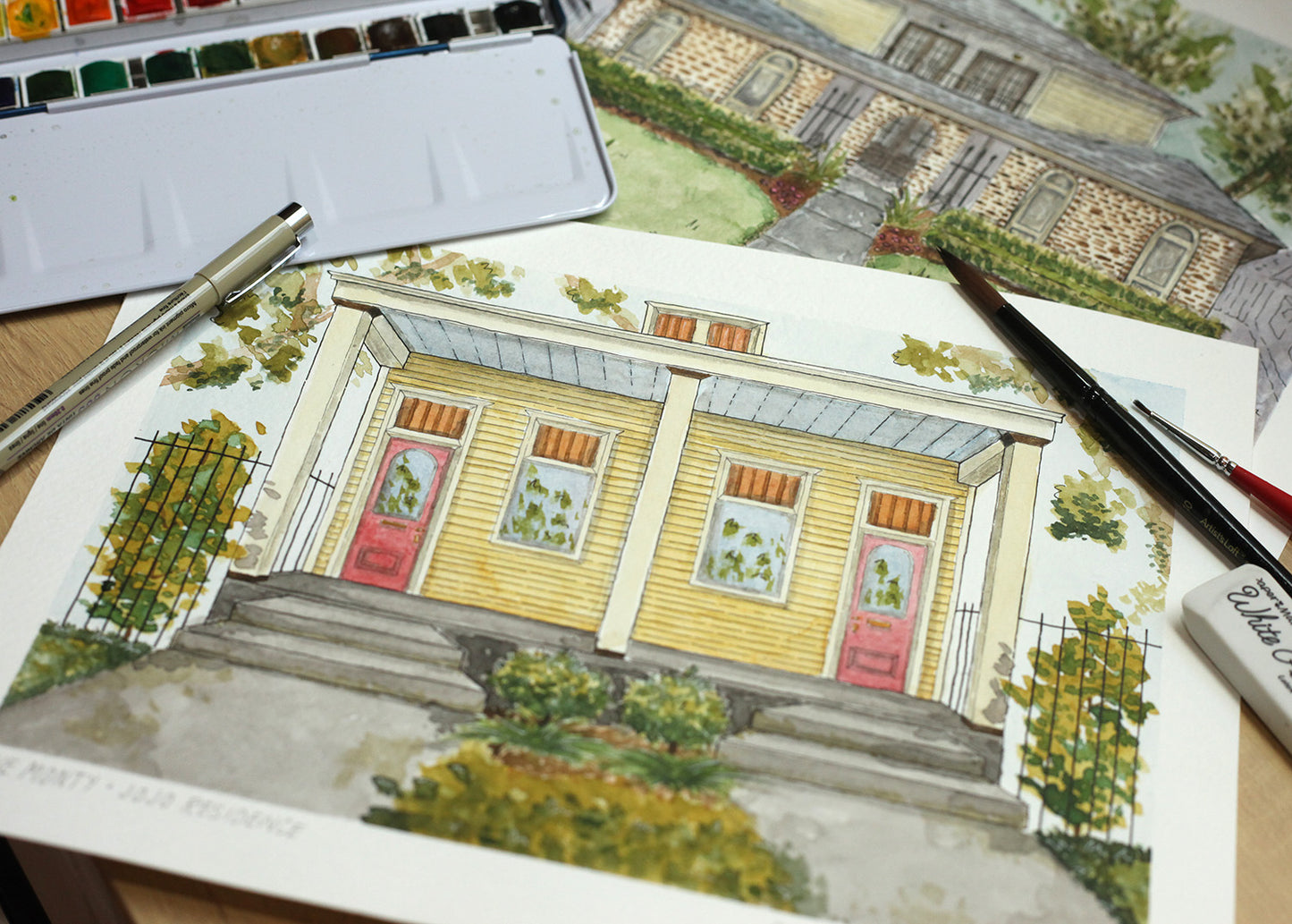 A watercolor house portrait painted by Yat Cat 