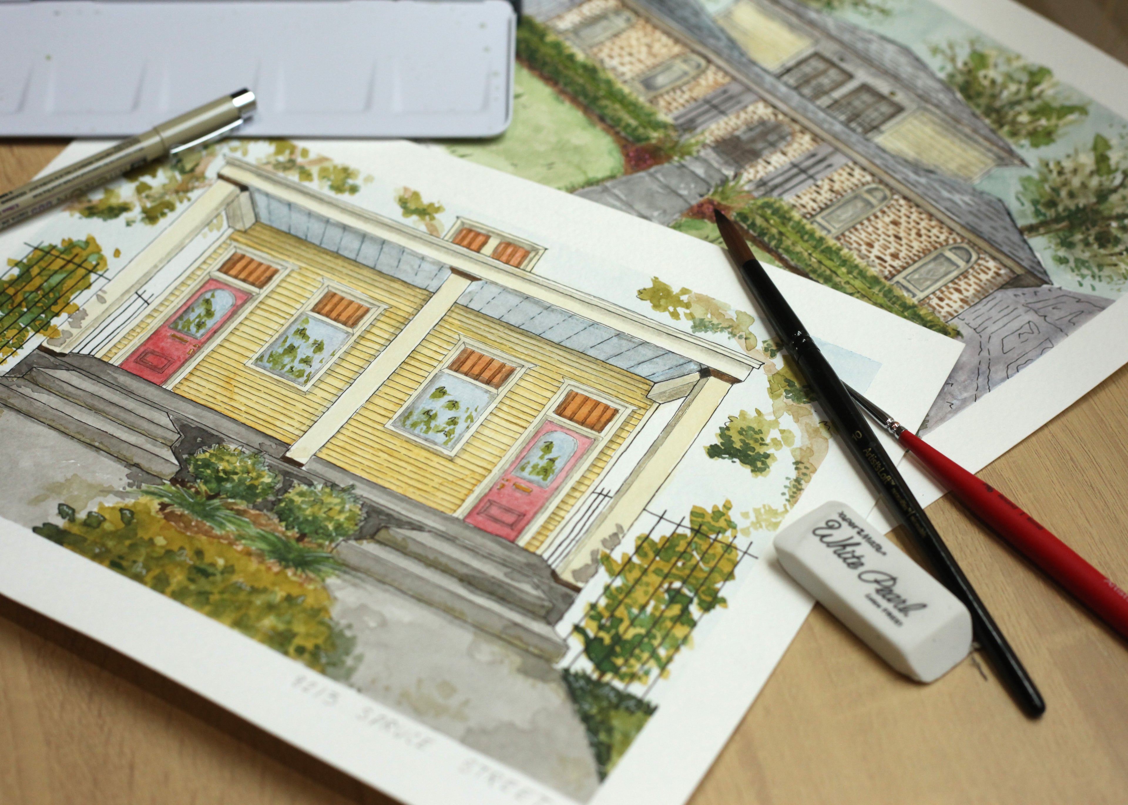 A watercolor house portrait painted by Yat Cat