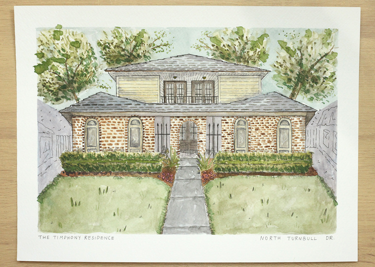 A watercolor house portrait painted by Yat Cat New Orleans