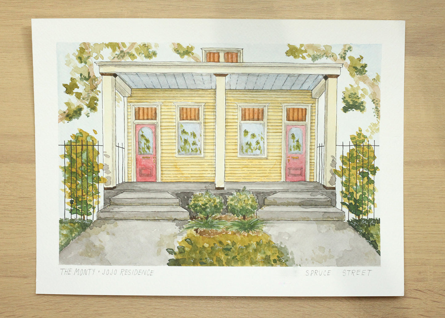 A watercolor house portrait painted by Yat Cat New Orleans