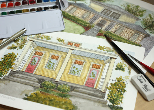 A watercolor house portrait painted by Yat Cat New Orleans